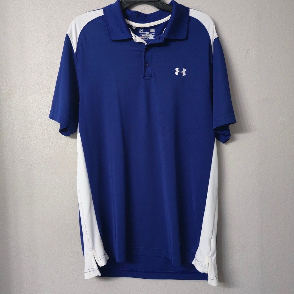 Under Armour HeatGear Mens Large Blue White Loose Fit Short Sleeve Golf Polo